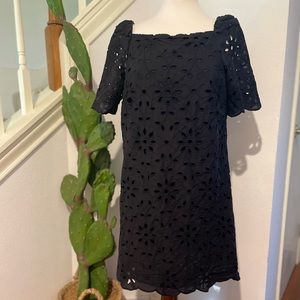 Ann Taylor 12 black eyelet midi dress with scalloped semi-puff sleeves